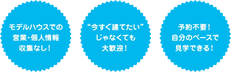 モデルハウスでの営業・個人情報収集なし!“今すぐ建てたい”じゃなくても大歓迎!予約不要!自分のペースで見学できる!
