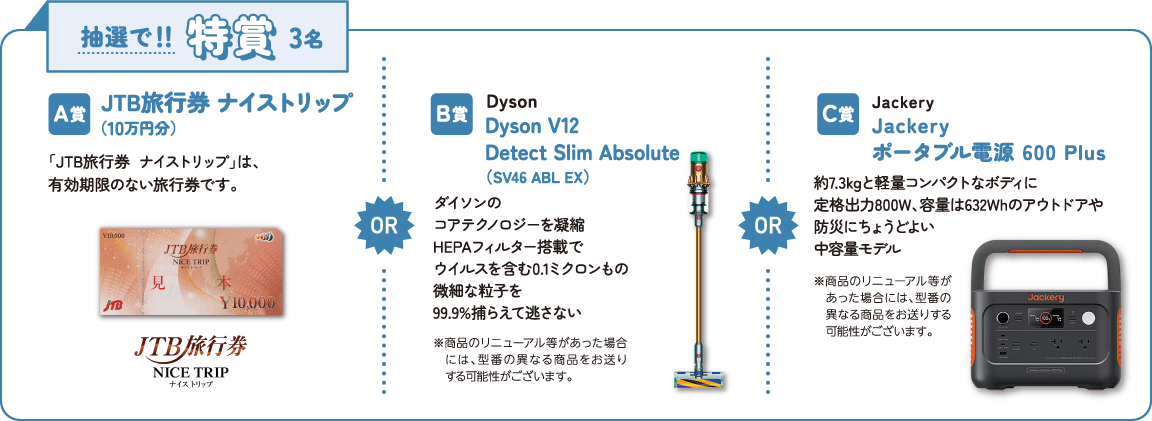 抽選で！！特賞3名　A賞：JTB旅行券 ナイストリップ（10万円分）　B賞： Dyson V12 Detect Slim Absolute（SV46 ABL EX）　C賞：Jackery ポータブル電源 600 Plus