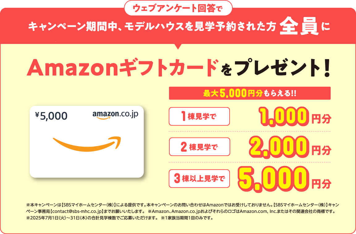 ウェブアンケート回答でキャンペーン期間中、モデルハウスを見学予約された方全員にAmazonギフトカードをプレゼント!