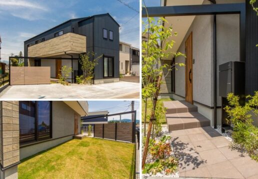 ３種の素材を組み合わせたインパクトがありお洒落で街並みに合う、落ち着いた三角屋根。玄関ドアの木目の風合いが映え、苗木が味のある雰囲気を与えてくれます。

お子様やペットが安心して遊べるよう芝生を敷いた庭には目隠しフェンスを設け、遊んでいる様子はリビングから見ることが出来ます。