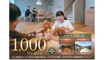 【新築資金1000万円プレゼントキャンペーン開催】・応募期間／2025年10月1日(水)～11月24日 (月祝)・当選発表／2025年11月27日(木)のイメージ