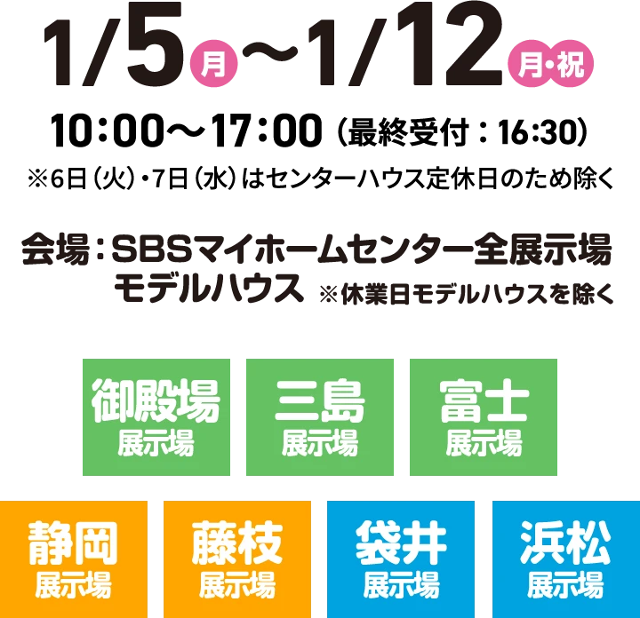 開催期間：1月5日（月）〜1月12日（月・祝） 10:00〜17:00（最終受付：16:30） ※6日(火)・7日（水）はセンターハウス定休日のため除く 会場：SBSマイホームセンター全展示場モデルハウス ※休業日モデルハウスを除く