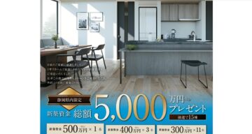 静岡県内限定【新築資金総額5000万円プレゼントキャンペーン開催】・応募期間/2026年2月24日(火)~3月8日 (日)・当選発表/2026年3月12日(木)のイメージ