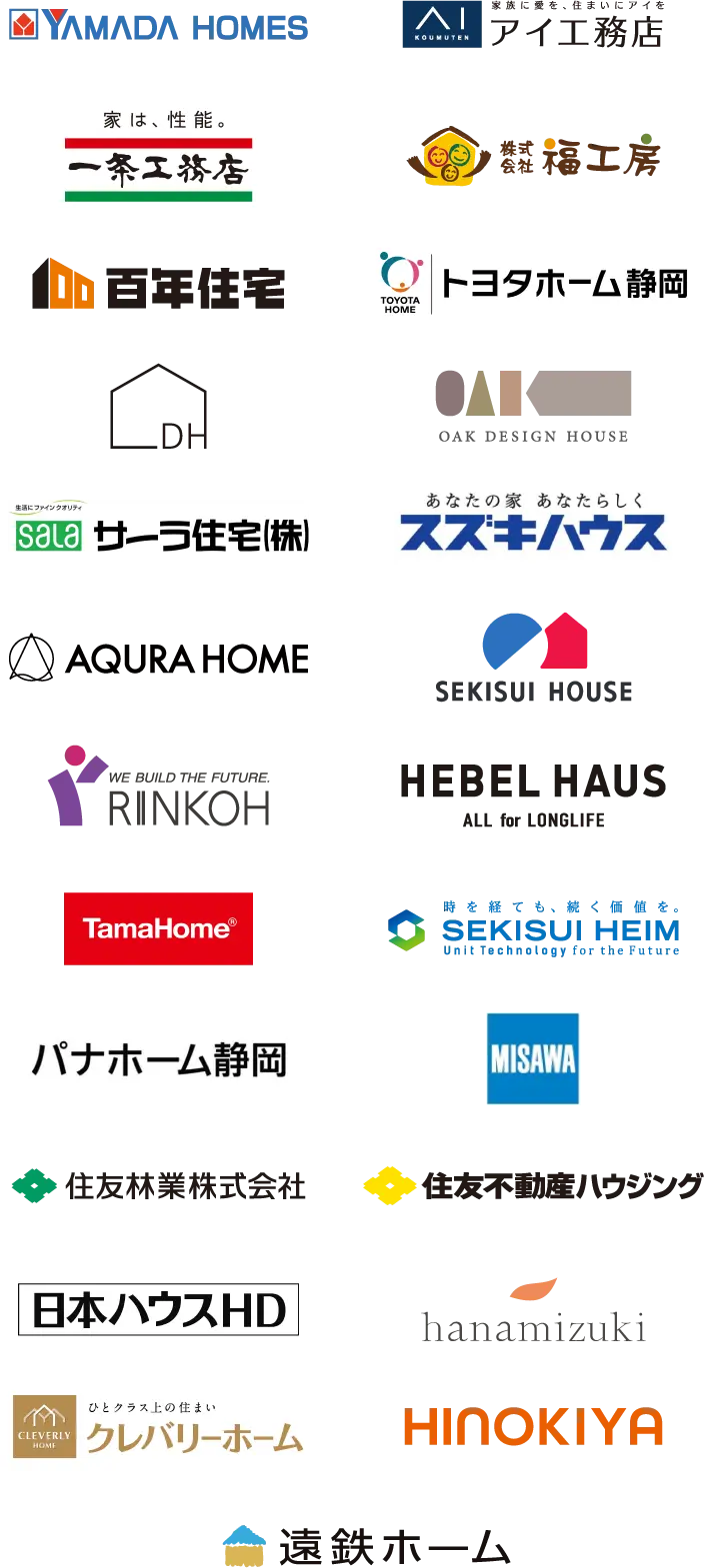 ヤマダホームズ、アイ工務店、一条工務店、福工房、百年住宅、トヨタホーム静岡、デザインハウス、オークデザインハウス、サーラ住宅、スズキハウス、アキュラホーム、積水ハウス、林工住宅、旭化成ホームズ（へーベルハウス）、タマホーム、セキスイハイム東海、パナホーム静岡、ミサワホーム静岡、住友林業、住友不動産ハウジング、日本ハウスホールディングス、花みずき工房、クレバリーホーム、桧家住宅、遠鉄ホーム