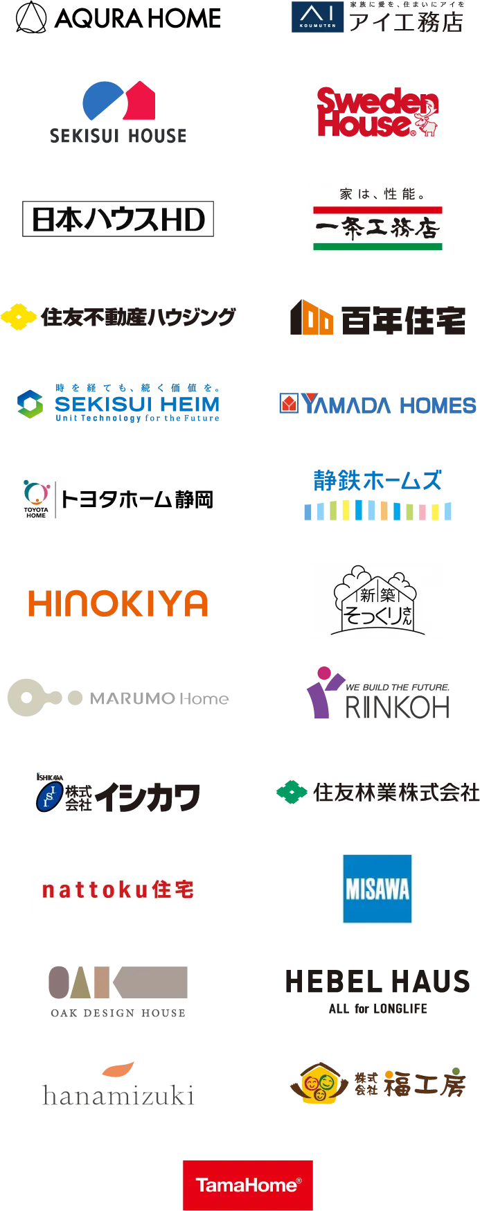 アキュラホーム、アイ工務店、積水ハウス、スウェーデンハウス、日本ハウスホールディングス、一条工務店、住友不動産ハウジング、百年住宅、セキスイハイム東海、ヤマダホームズ、トヨタホーム静岡、静鉄ホームズ、桧家住宅、住友不動産ハウジング 新築そっくりさん、マルモホーム、林工住宅、イシカワ、住友林業、nattoku住宅、ミサワホーム静岡、オークデザインハウス、旭化成ホームズ（へーベルハウス）、花みずき工房、福工房、タマホーム