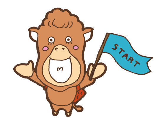 「START」と書かれた旗を持って手をあげ喜ぶいえらくだ